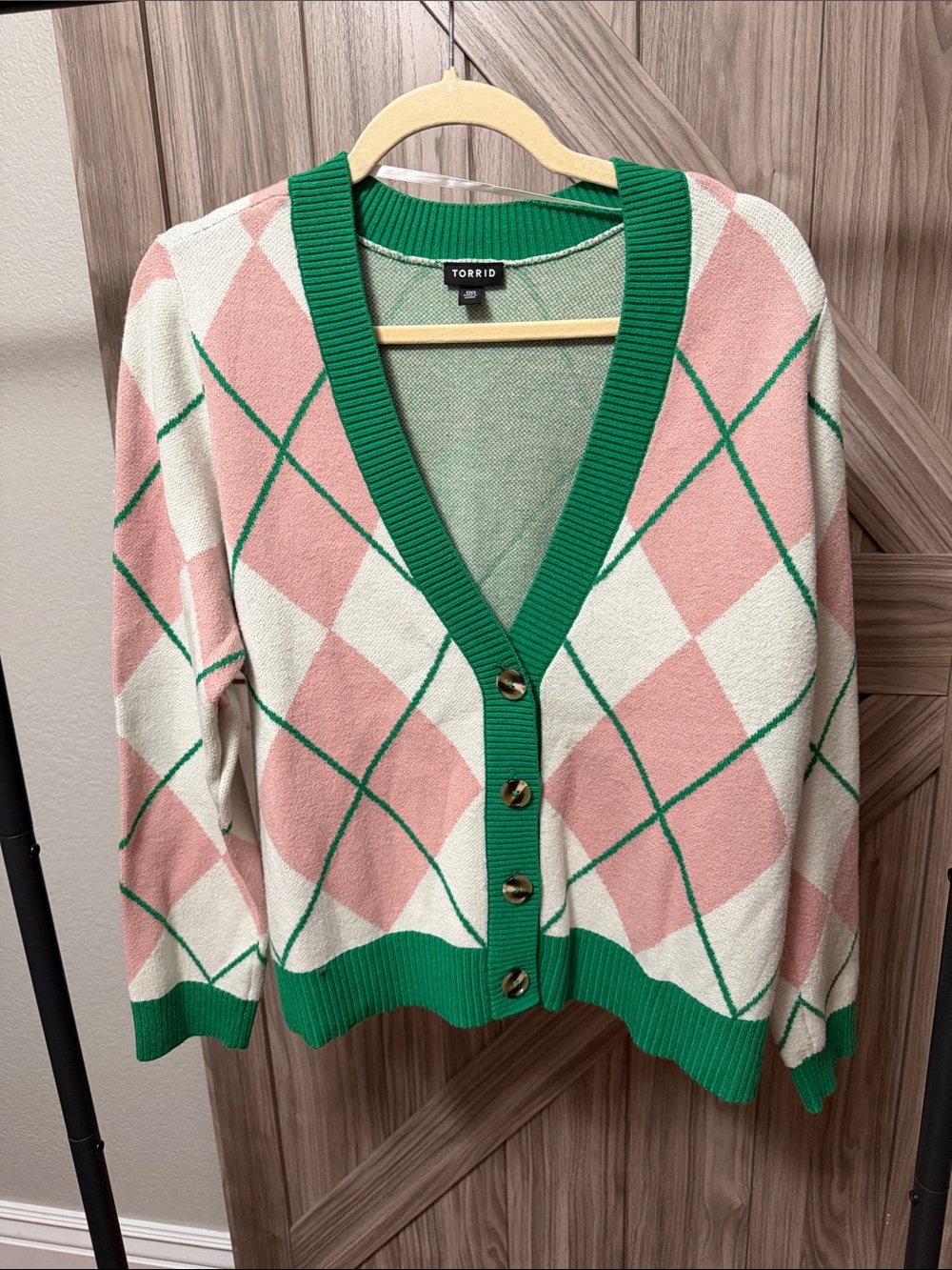 Torrid 00 Pink Green Argyle Button Front Cardigan
